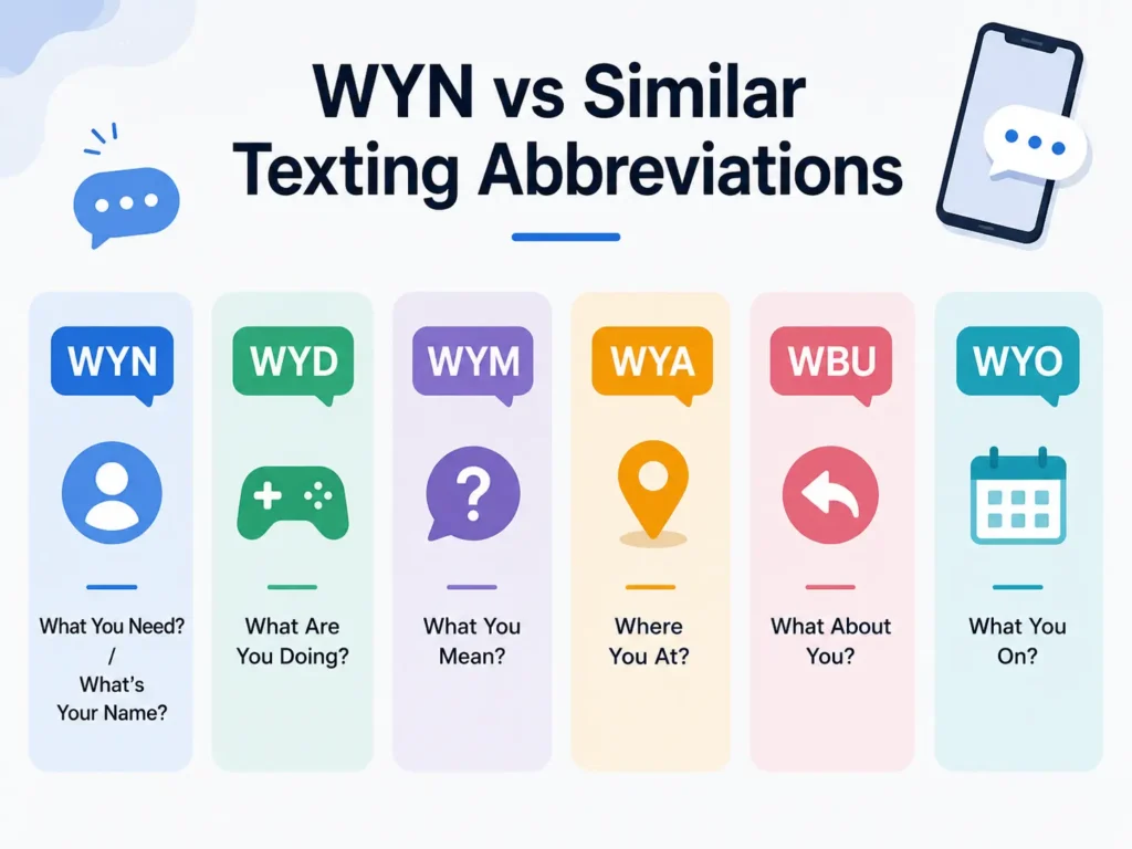 WYN vs similar texting abbreviations infographic comparing WYN with WYD, WYM, WYA, WBU, and WYO meanings.
