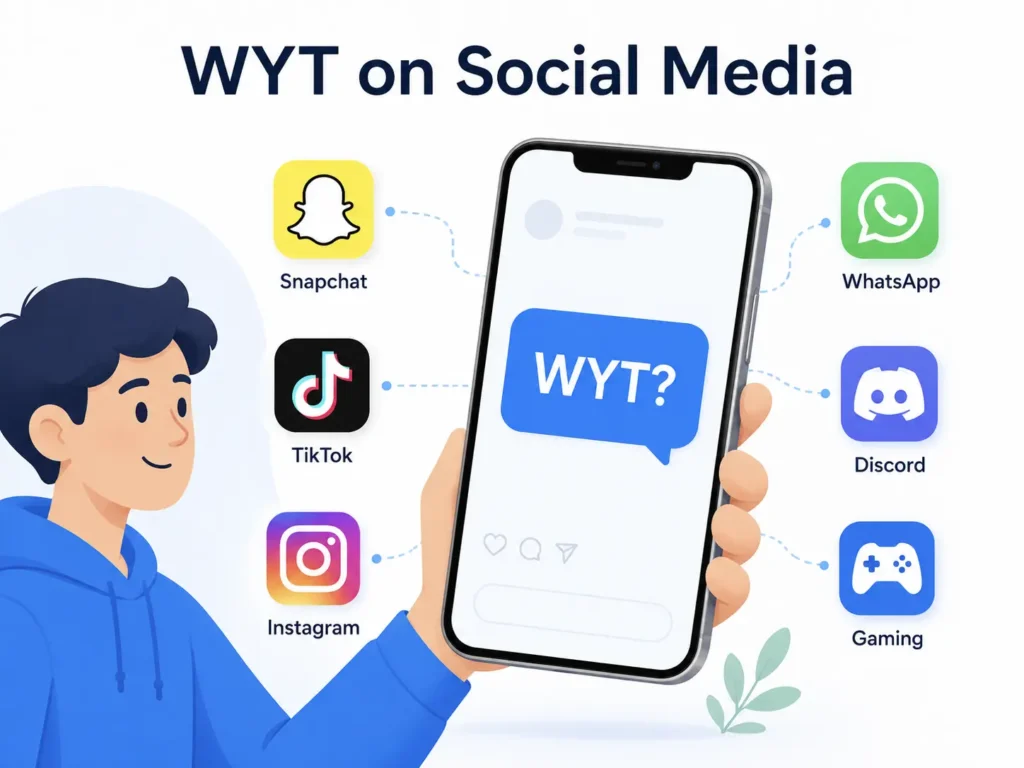 Infographic titled “WYT on Social Media” showing a person holding a smartphone with a “WYT?” chat bubble on the screen, surrounded by icons for Snapchat, TikTok, Instagram, WhatsApp, Discord, and gaming.