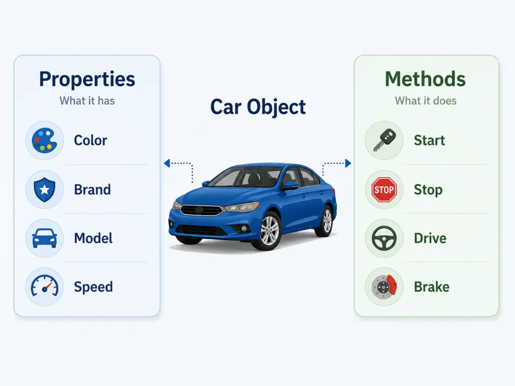 Infographic explaining properties and methods in OOP, showing a car object with properties such as color, brand, model, and speed, and methods such as start, stop, drive, and brake.