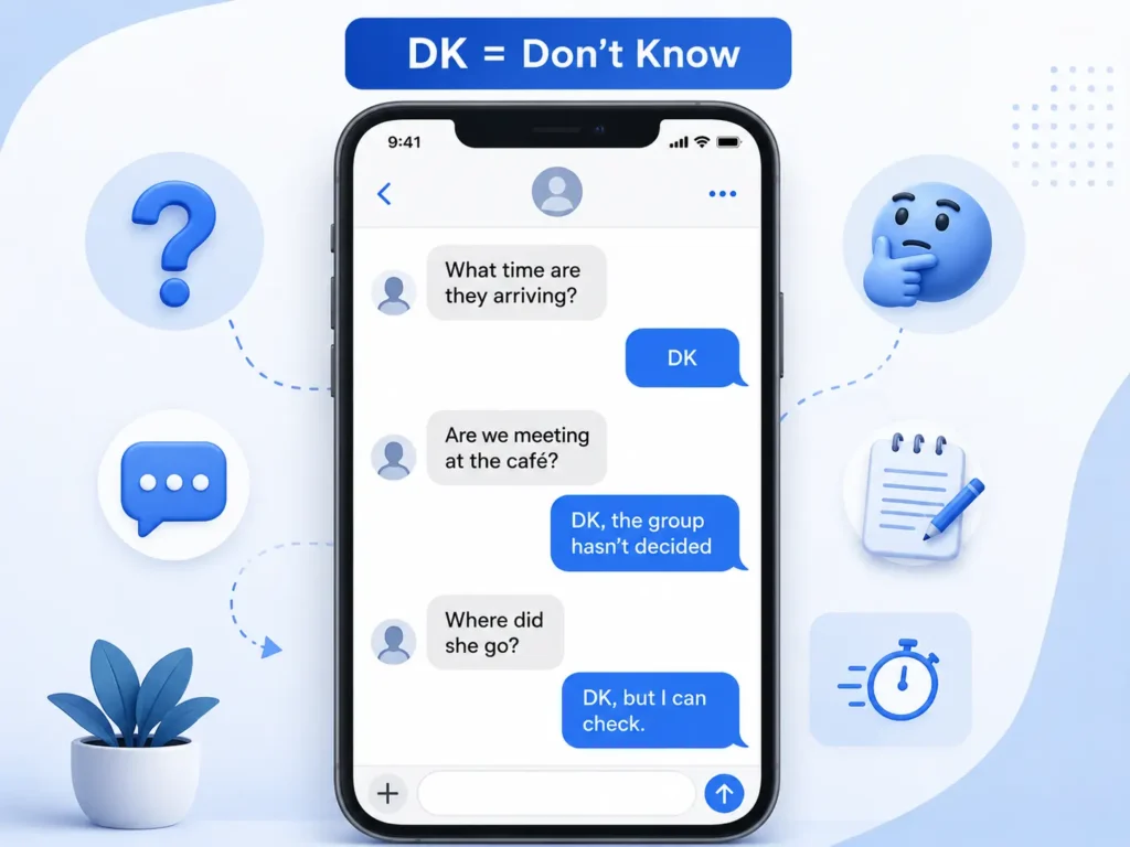 Smartphone chat showing DK meaning “Don’t Know” with examples of how the abbreviation is used in text conversations.
