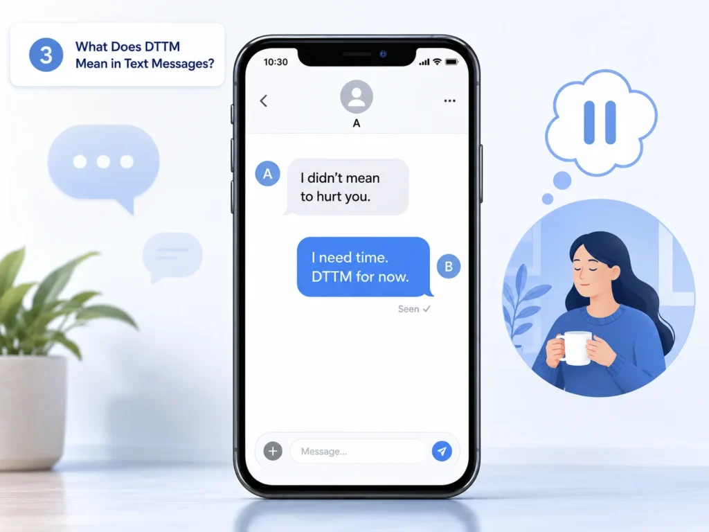 Infographic showing a smartphone text conversation where one person says, “I need time. DTTM for now,” explaining that DTTM in text messages means someone wants space or a pause in the conversation.