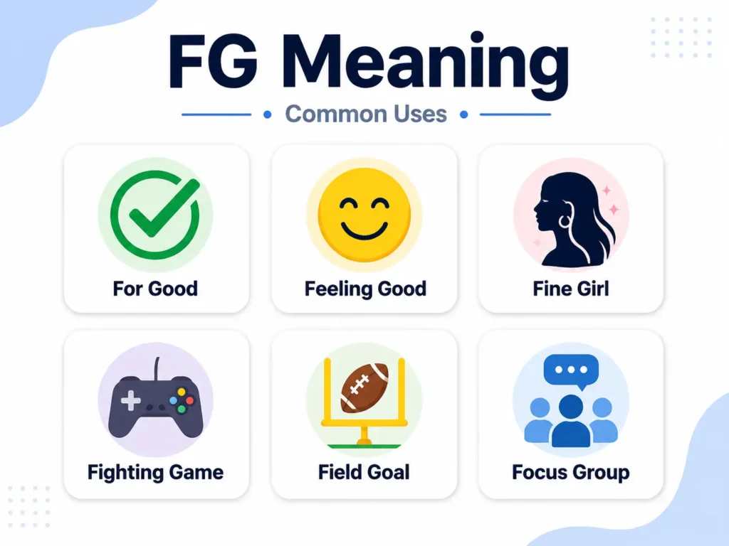 Infographic titled “FG Meaning” showing six common uses of FG: For Good, Feeling Good, Fine Girl, Fighting Game, Field Goal, and Focus Group, each represented with a simple icon in a clean grid layout.