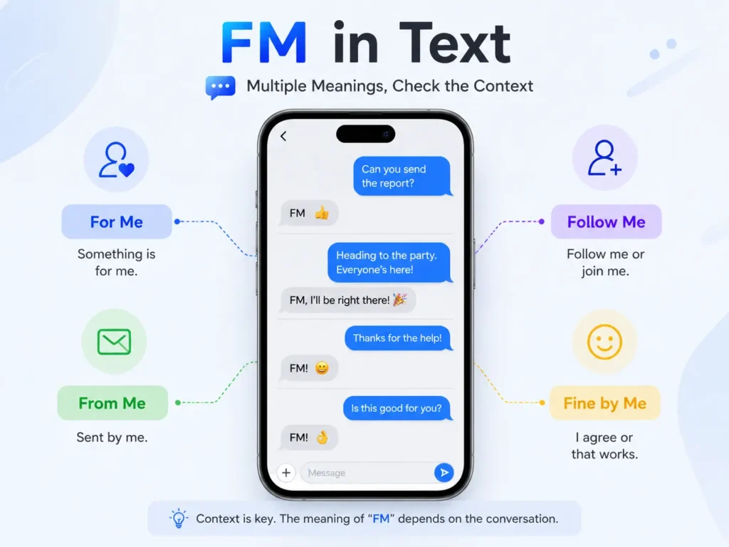 FM in text infographic showing four possible meanings—“For Me,” “From Me,” “Follow Me,” and “Fine by Me”—with smartphone chat examples and a reminder to check the conversation context.