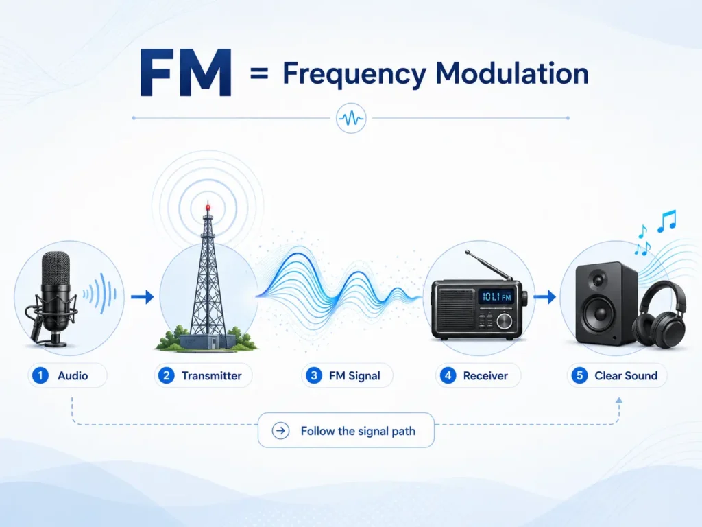 FM frequency modulation infographic showing audio moving from a microphone to a transmitter, through an FM signal, into a radio receiver, and finally producing clear sound.