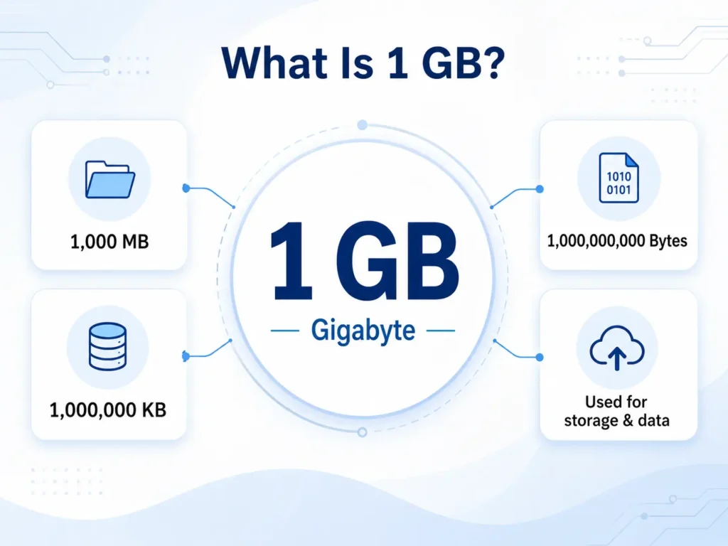 Infographic explaining that 1 GB equals 1,000 MB, 1,000,000 KB, and 1,000,000,000 bytes, and is used to measure digital storage and data.