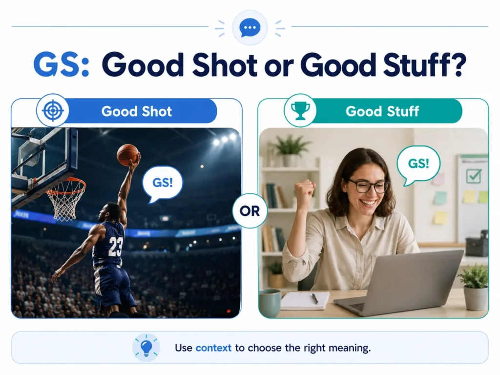 GS meaning infographic comparing “Good Shot” in sports with “Good Stuff” as praise for an achievement.