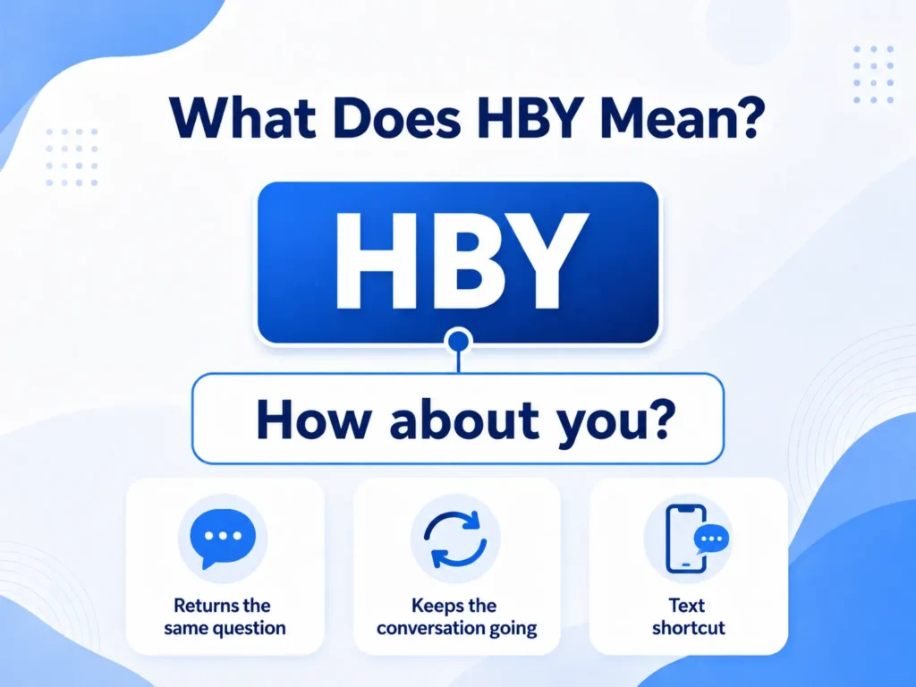 Infographic explaining that HBY means “How about you?” and is used to return the same question, keep a conversation going, and shorten text messages.