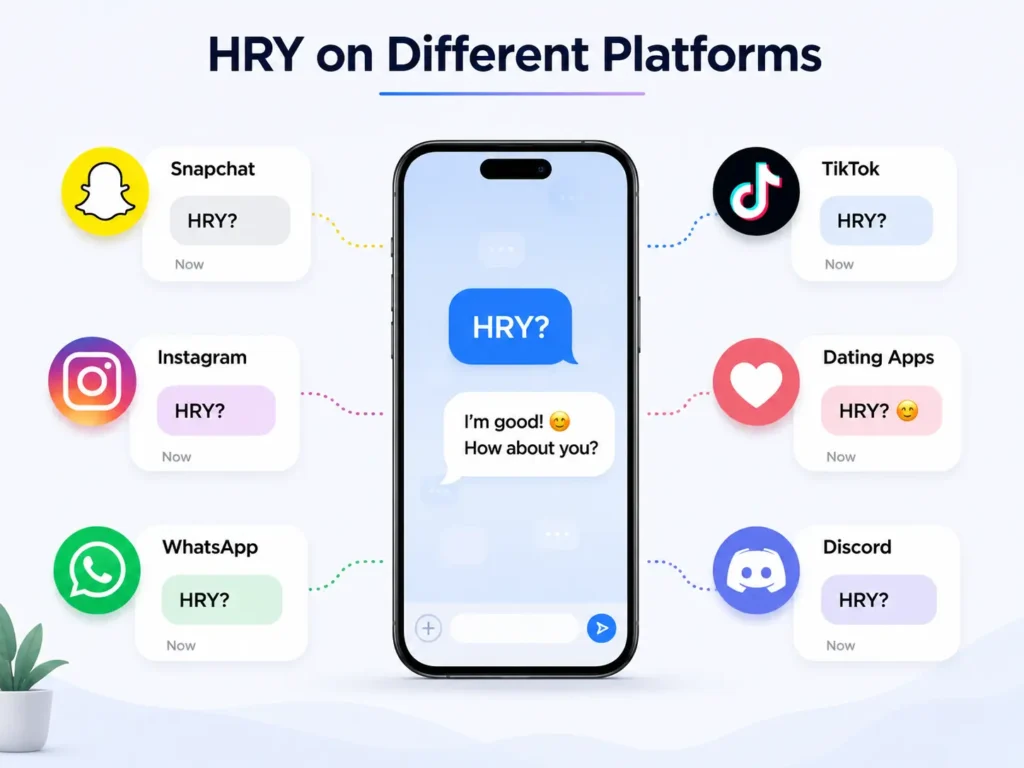 HRY meaning on Snapchat, Instagram, WhatsApp, TikTok, dating apps, and Discord, illustrated with smartphone chat messages.
