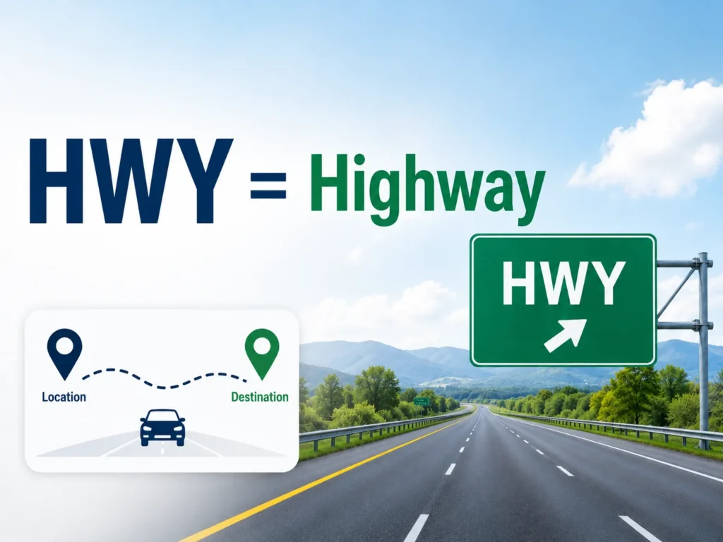 Infographic showing “HWY = Highway” with a road, green HWY sign, car route, location pin, and destination pin to explain that HWY means highway.