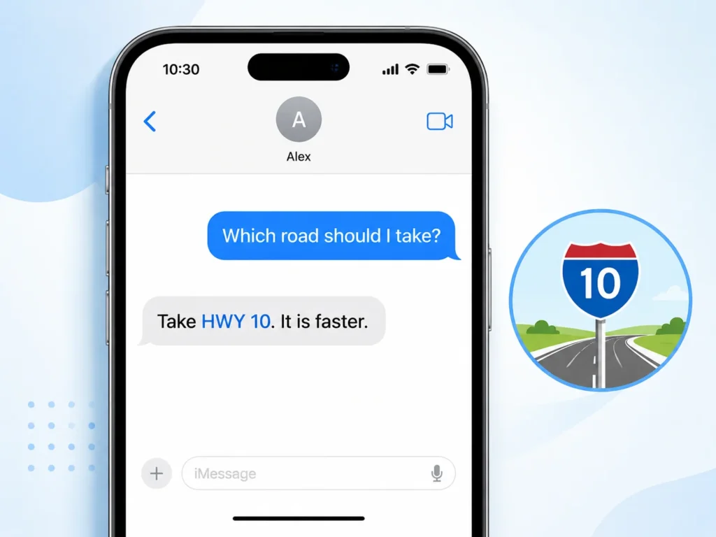 Smartphone chat showing a text message example: “Which road should I take?” and “Take HWY 10. It is faster,” with a highway route sign to explain HWY in text messages.