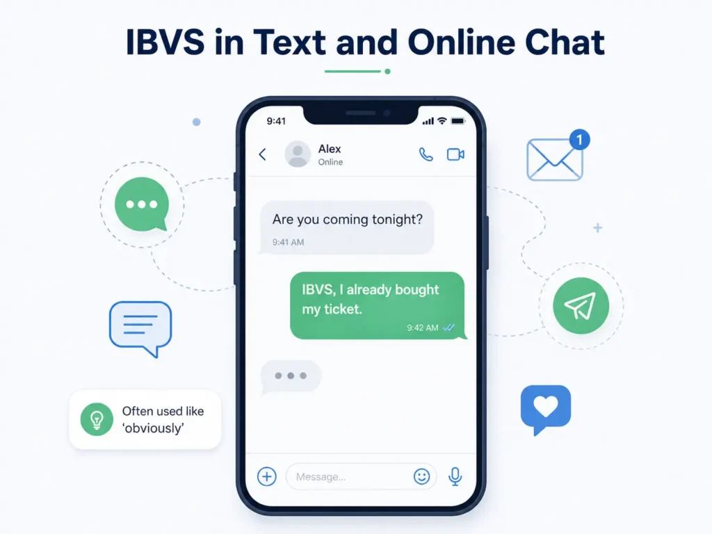 Smartphone chat showing IBVS used in a text reply to mean “obviously,” with messaging and social communication icons.
