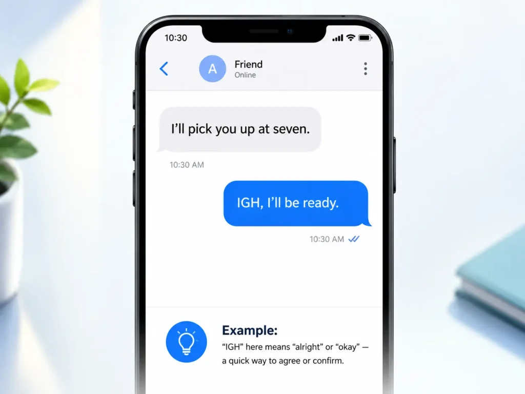 Smartphone text conversation showing “I’ll pick you up at seven” and the reply “IGH, I’ll be ready,” with a note explaining that IGH means “alright” or “okay.”