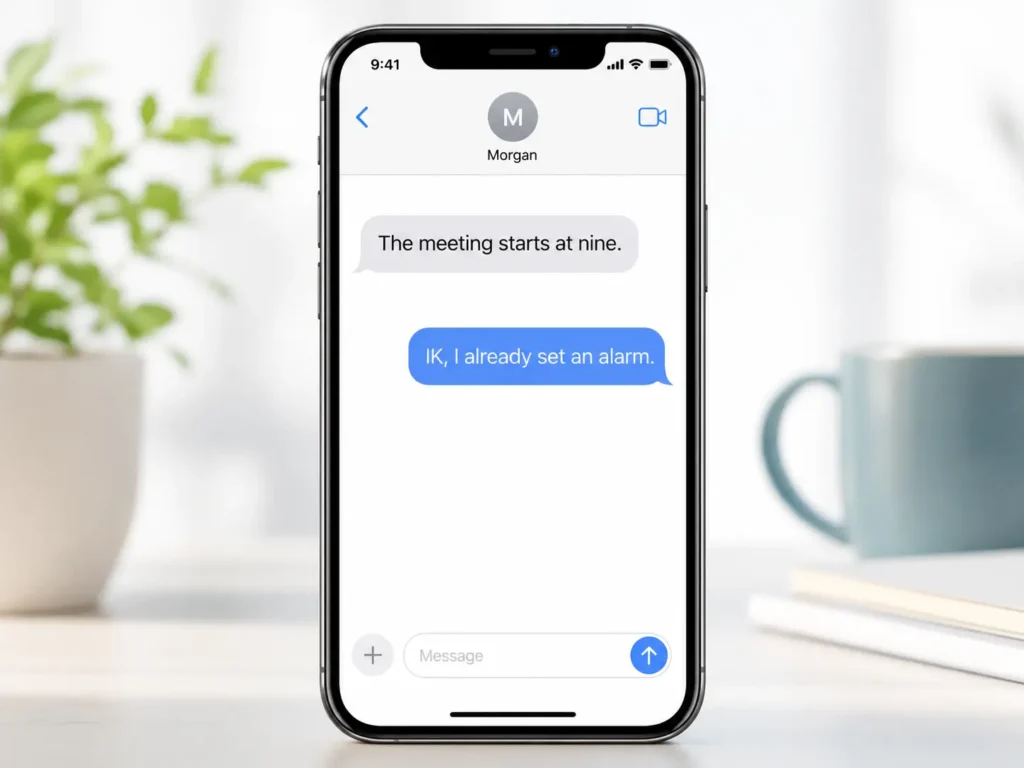 A smartphone displaying a text conversation where one person says, “The meeting starts at nine,” and the reply says, “IK, I already set an alarm.”