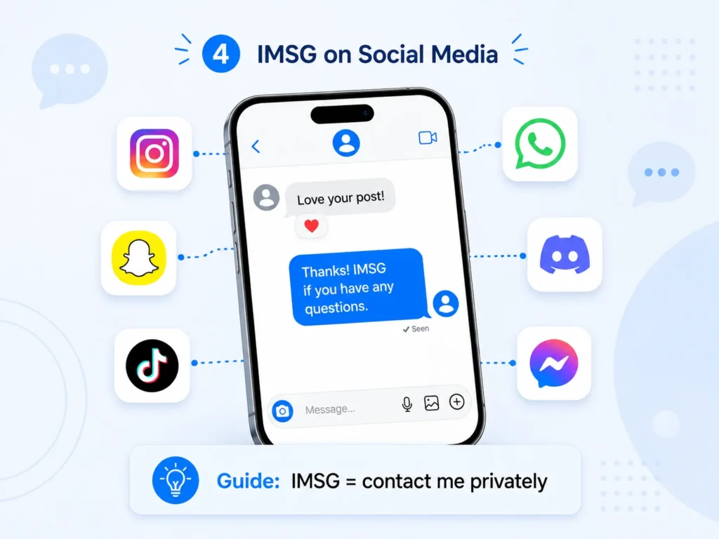 Infographic showing IMSG used on social media, with a smartphone chat example surrounded by Instagram, Snapchat, TikTok, WhatsApp, Discord, and Messenger icons, plus a guide explaining that IMSG means contact me privately.