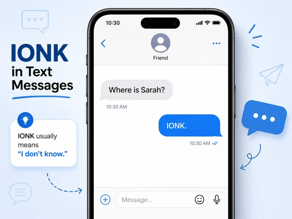 Infographic showing the meaning of “IONK” in text messages, with a smartphone chat example where one person asks “Where is Sarah?” and the reply is “IONK,” explaining that IONK usually means “I don’t know.”