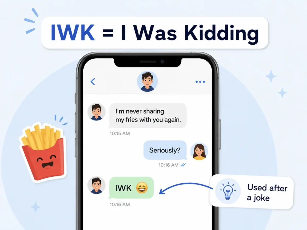 IWK meaning infographic showing a text conversation where “IWK” means “I Was Kidding” and is used after a joke.