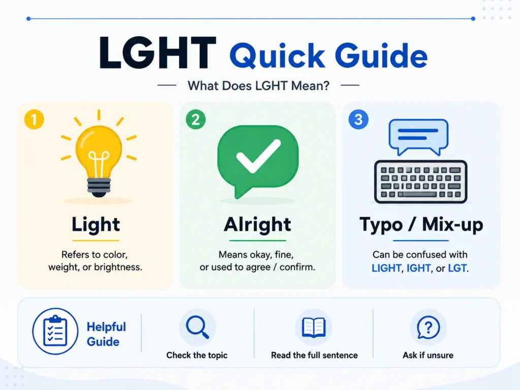 LGHT quick guide infographic explaining that LGHT may mean “light,” “alright,” or a typo of LIGHT, IGHT, or LGT, with tips to check context.