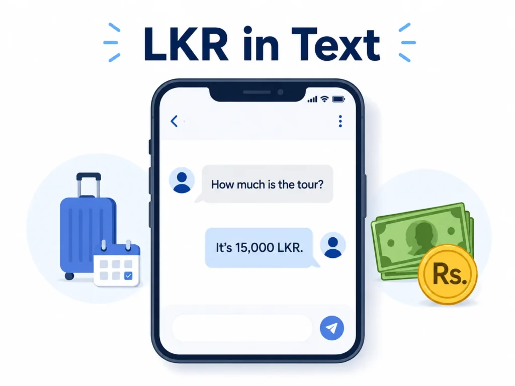 Infographic titled “LKR in Text” showing a smartphone chat where one person asks “How much is the tour?” and the reply says “It’s 15,000 LKR,” with travel and money icons to show that LKR means Sri Lankan Rupee in this context.