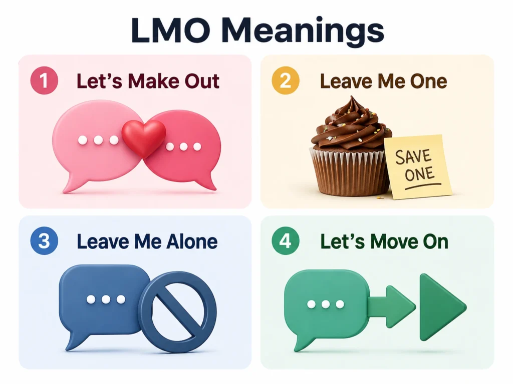 Infographic showing four meanings of LMO: “Let’s Make Out,” “Leave Me One,” “Leave Me Alone,” and “Let’s Move On,” illustrated with simple chat, cupcake, do-not-disturb, and forward-arrow icons.