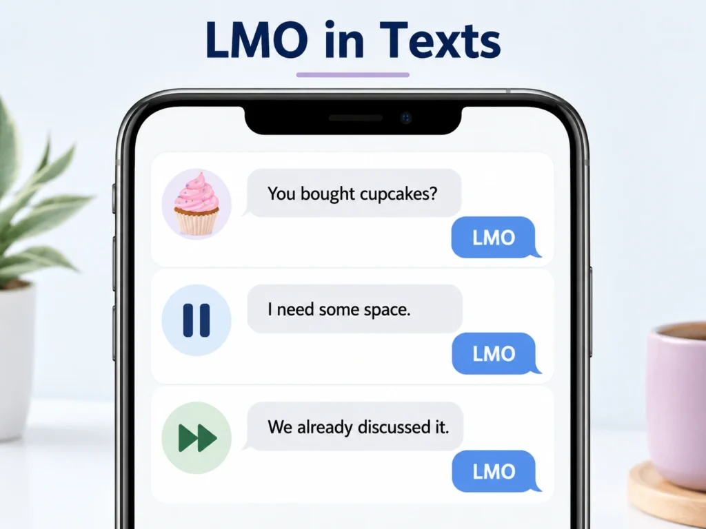 Smartphone displaying three LMO text-message examples about saving a cupcake, needing space, and moving on from a discussion.