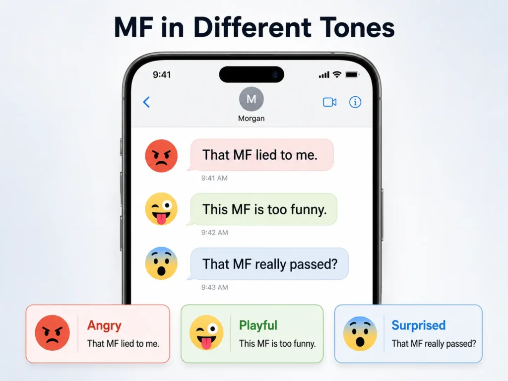 Infographic showing three meanings of MF by tone in text messages: angry, playful, and surprised, with short chat examples displayed on a smartphone.
