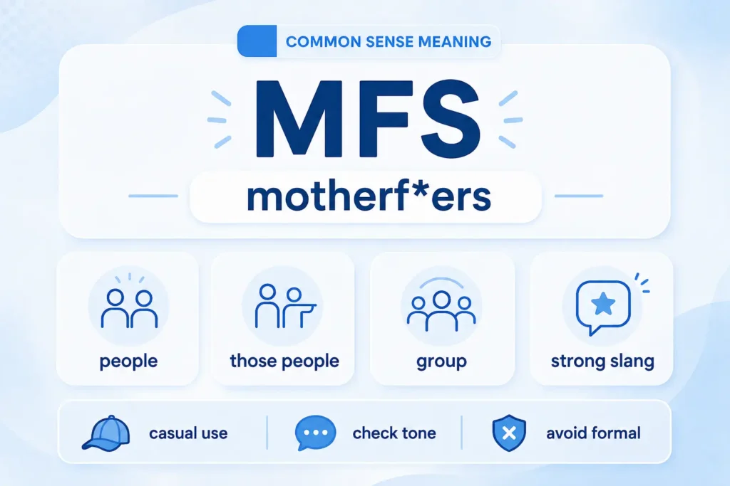 MFS meaning infographic showing “MFS = motherf*ers” with simple guide labels for people, those people, group, strong slang, casual use, check tone, and avoid formal use.