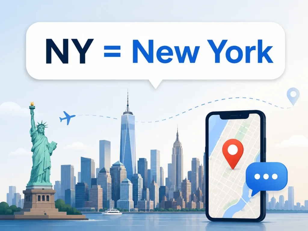 Illustration showing “NY = New York” above a New York skyline, Statue of Liberty, map pin, smartphone map, and chat bubble to explain NY as New York.