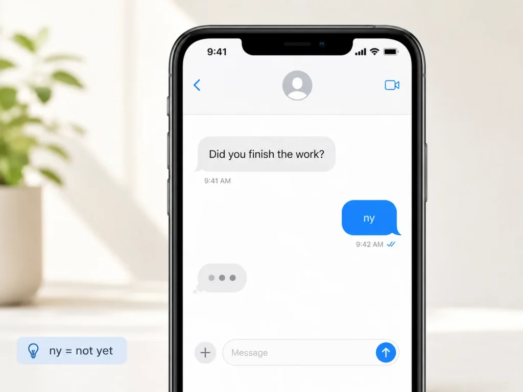 Smartphone chat showing the question “Did you finish the work?” with the reply “ny,” plus a small label explaining that “ny = not yet.”