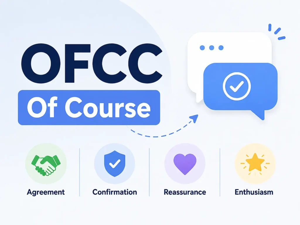 Infographic showing “OFCC” meaning “Of Course,” with chat bubbles and icons representing agreement, confirmation, reassurance, and enthusiasm.