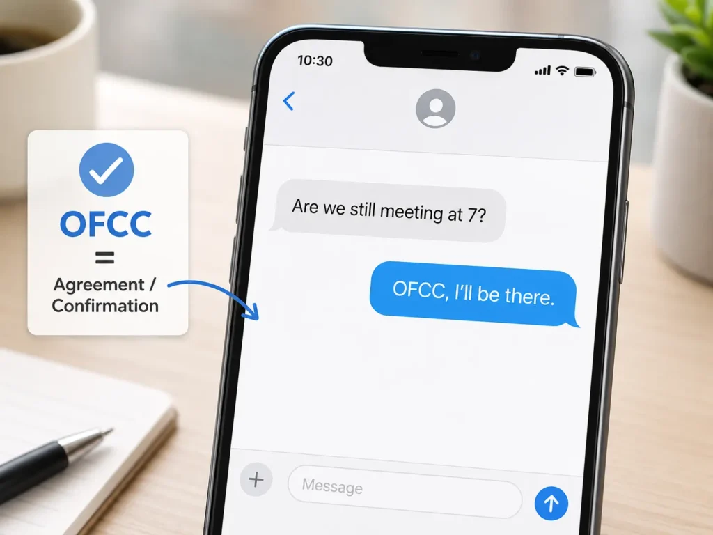 Smartphone displaying a text conversation where “OFCC, I’ll be there” confirms plans, with a visual guide explaining that OFCC shows agreement or confirmation.