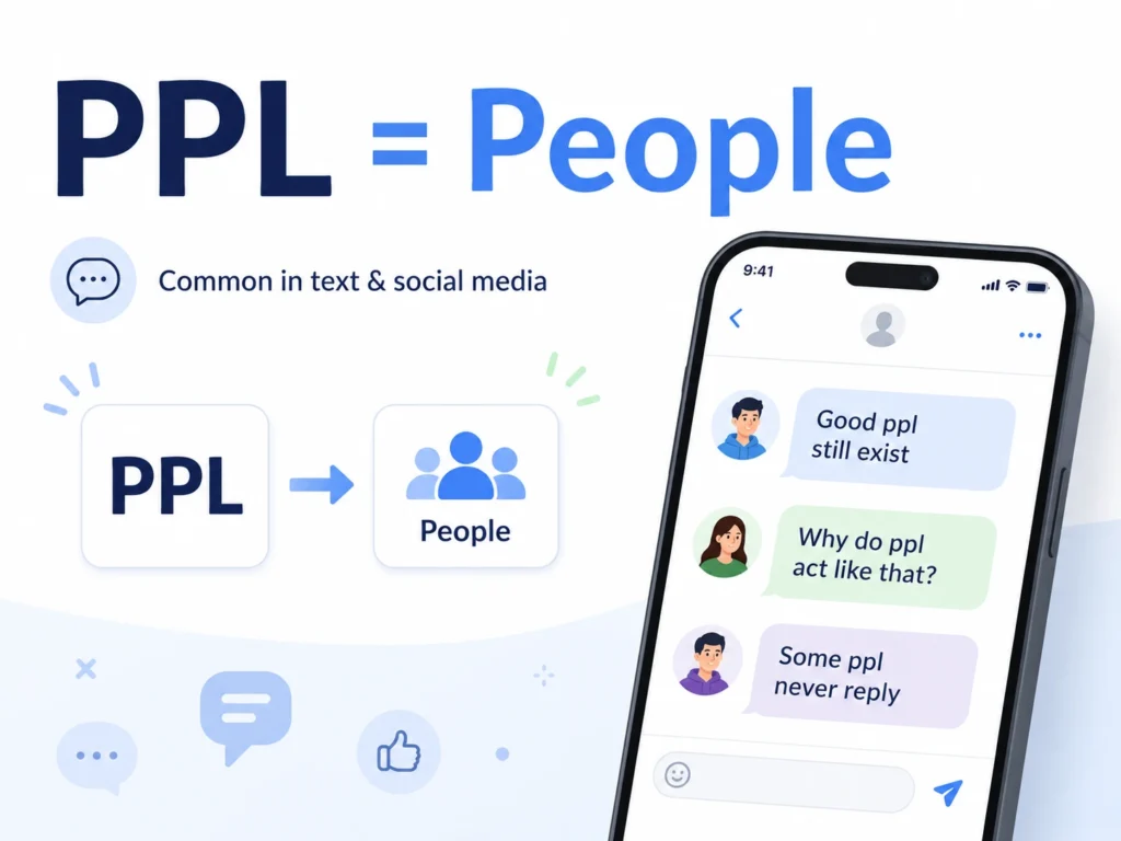 Infographic showing “PPL = People” with a smartphone chat example and simple message bubbles explaining that PPL is commonly used to mean people in text and social media.