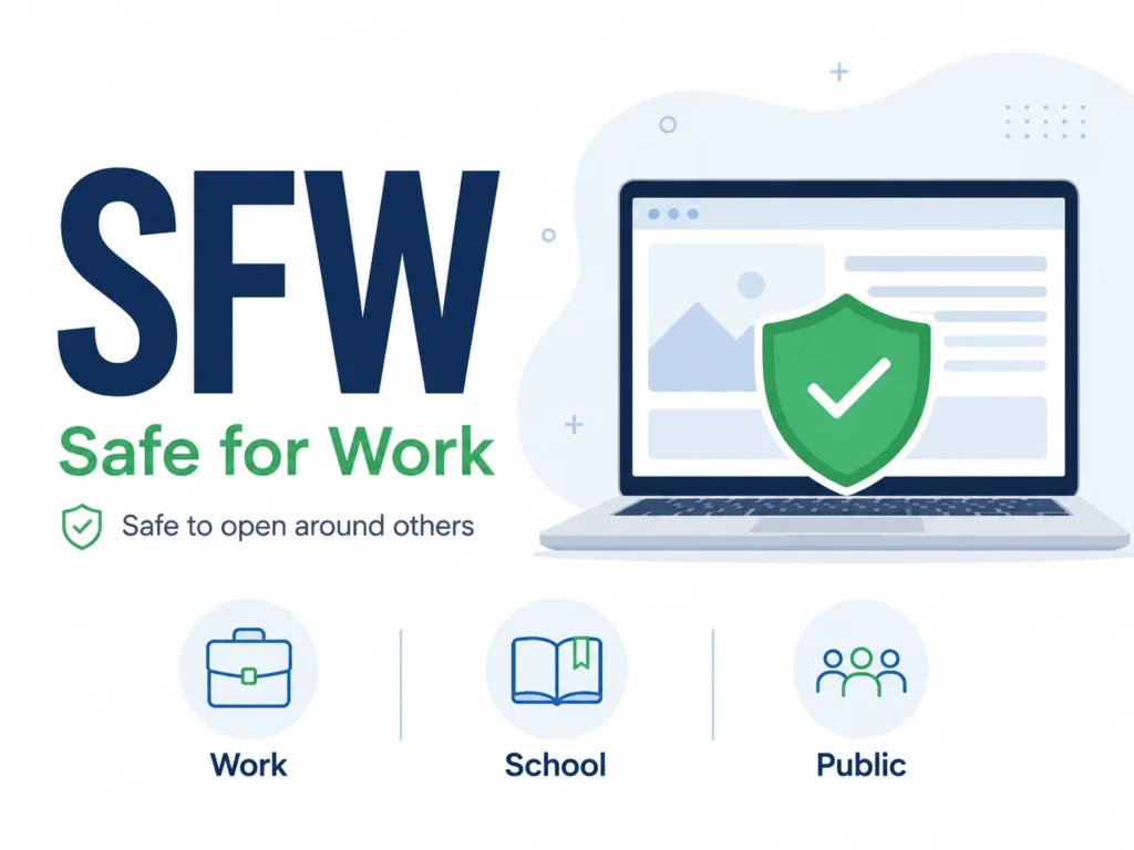 Infographic showing SFW meaning with the phrase “Safe for Work,” a laptop with a green shield checkmark, and icons for work, school, and public use.