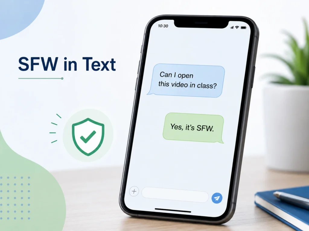 Smartphone text conversation asking, “Can I open this video in class?” with the reply, “Yes, it’s SFW,” beside a green safety shield icon.