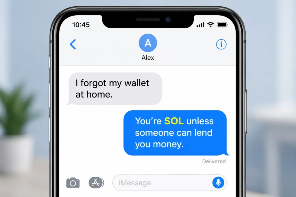Smartphone chat example showing SOL used in a text conversation, with one person saying they forgot their wallet and the reply explaining they are out of luck unless someone lends money.