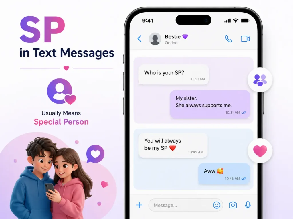 SP in text messages infographic showing chat examples where SP means Special Person, including a sister and a close romantic partner.