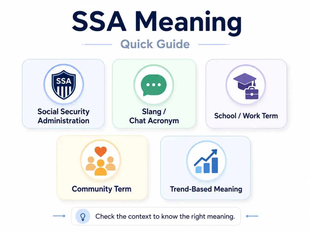 Infographic titled “SSA Meaning Quick Guide” showing five possible meanings of SSA: Social Security Administration, slang or chat acronym, school or work term, community term, and trend-based meaning, with a reminder to check the context for the correct meaning.