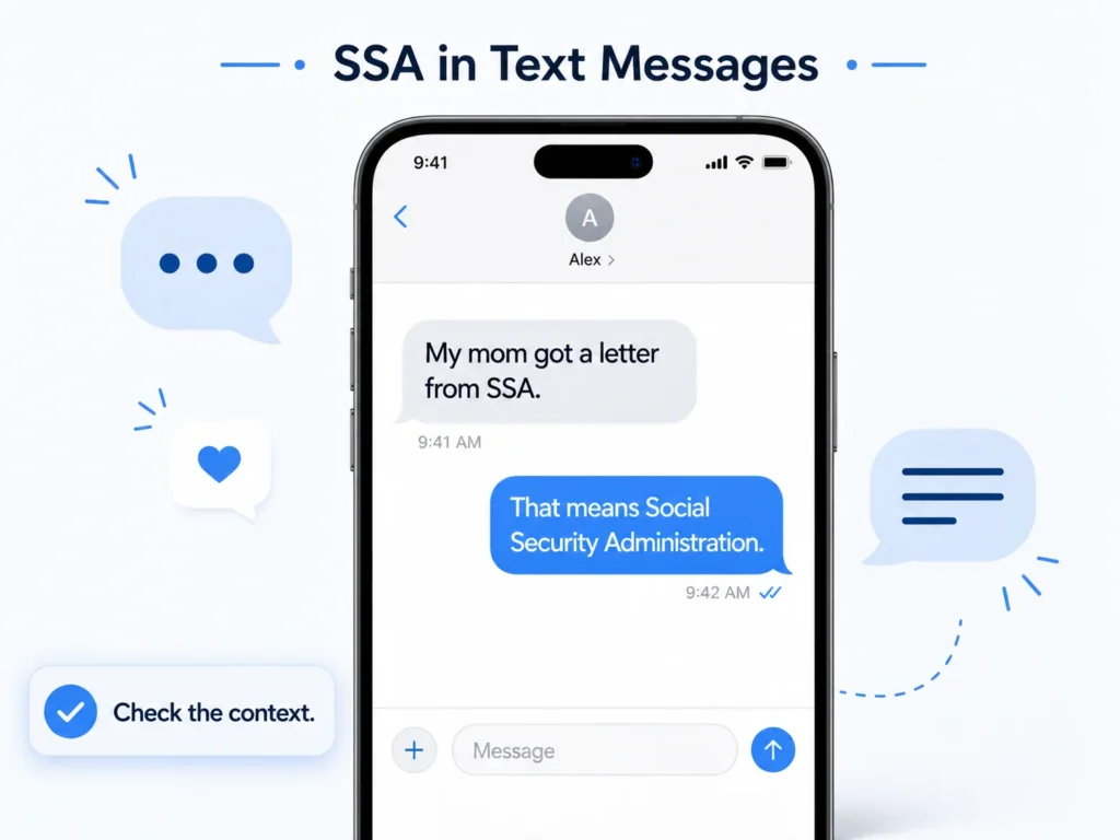 Infographic titled “SSA in Text Messages” showing a smartphone chat where one message says, “My mom got a letter from SSA,” and the reply explains that SSA means Social Security Administration, with a reminder to check the context.