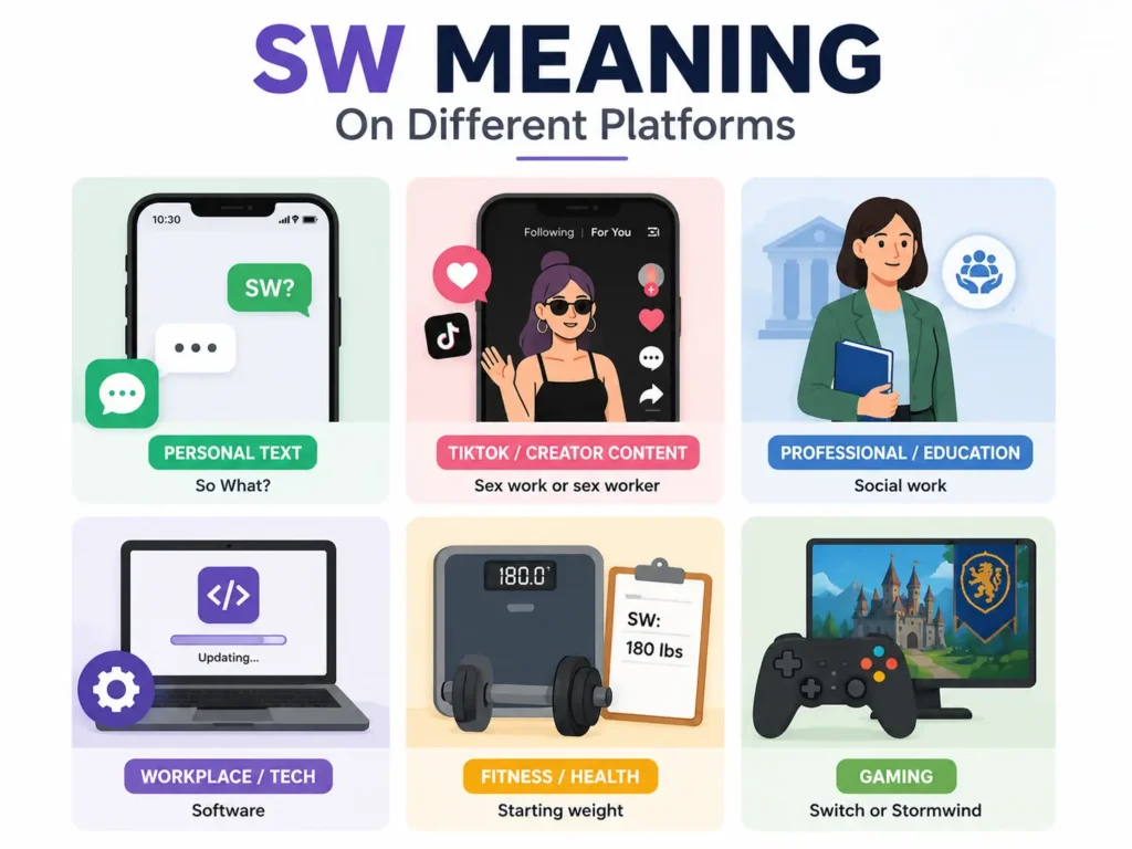 SW meaning on different platforms infographic showing So What in personal texts, sex work on TikTok, social work in education, software in technology, starting weight in fitness, and Switch or Stormwind in gaming.