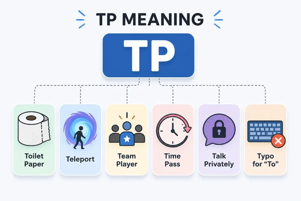 TP meaning infographic showing six common TP meanings: toilet paper, teleport, team player, time pass, talk privately, and typo for “to,” with simple icons on a clean blog-style background.