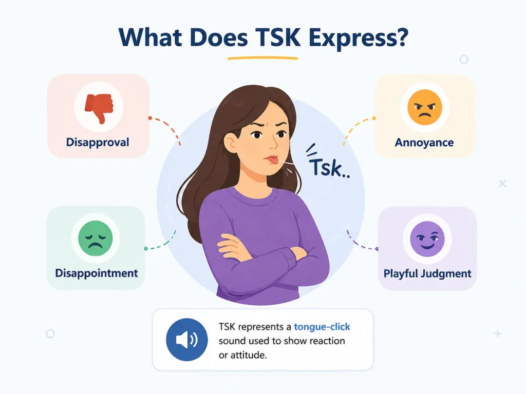 Infographic showing that TSK can express disapproval, annoyance, disappointment, or playful judgment, with a woman making a tongue-click reaction.