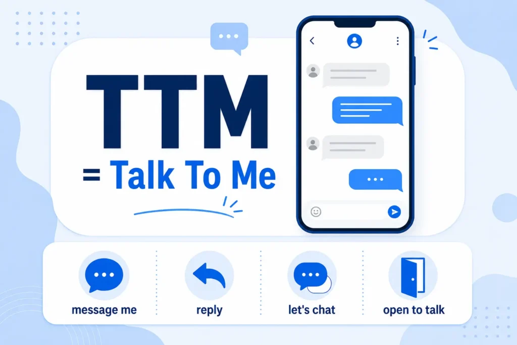 TTM meaning infographic showing “TTM = Talk To Me” with a smartphone chat screen and simple guide icons for message me, reply, let’s chat, and open to talk.