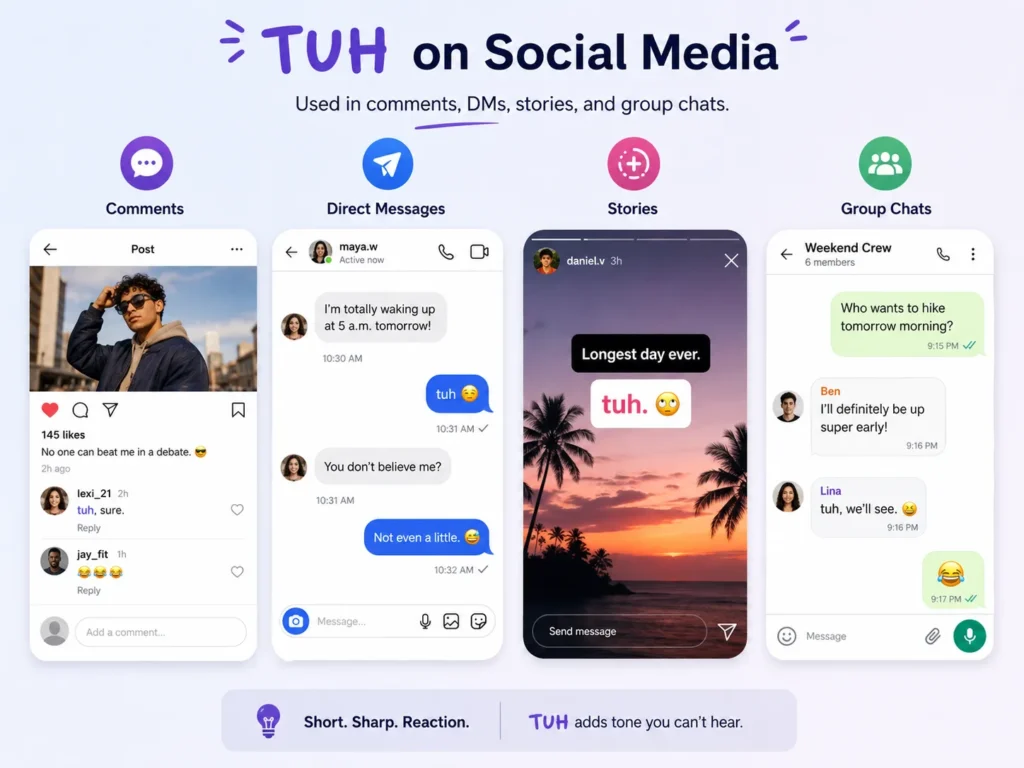 TUH on social media infographic showing the expression used in comments, direct messages, Stories, and group chats.