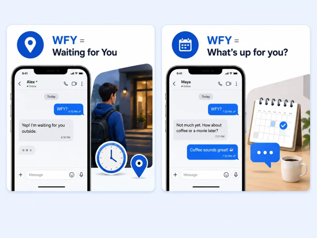 WFY meaning infographic comparing “Waiting for You” with “What’s up for you?” using two smartphone chat examples and context clues.