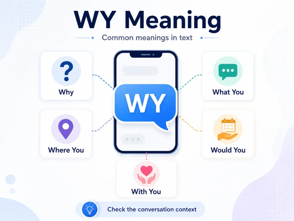 WY meaning infographic showing a smartphone with five common meanings: Why, Where You, What You, Would You, and With You.
