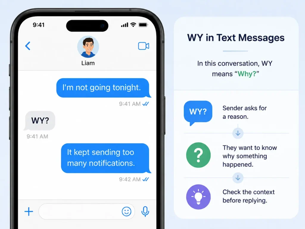 WY meaning in text messages infographic showing a chat where “WY?” means “Why?” and advises users to check the conversation context before replying.