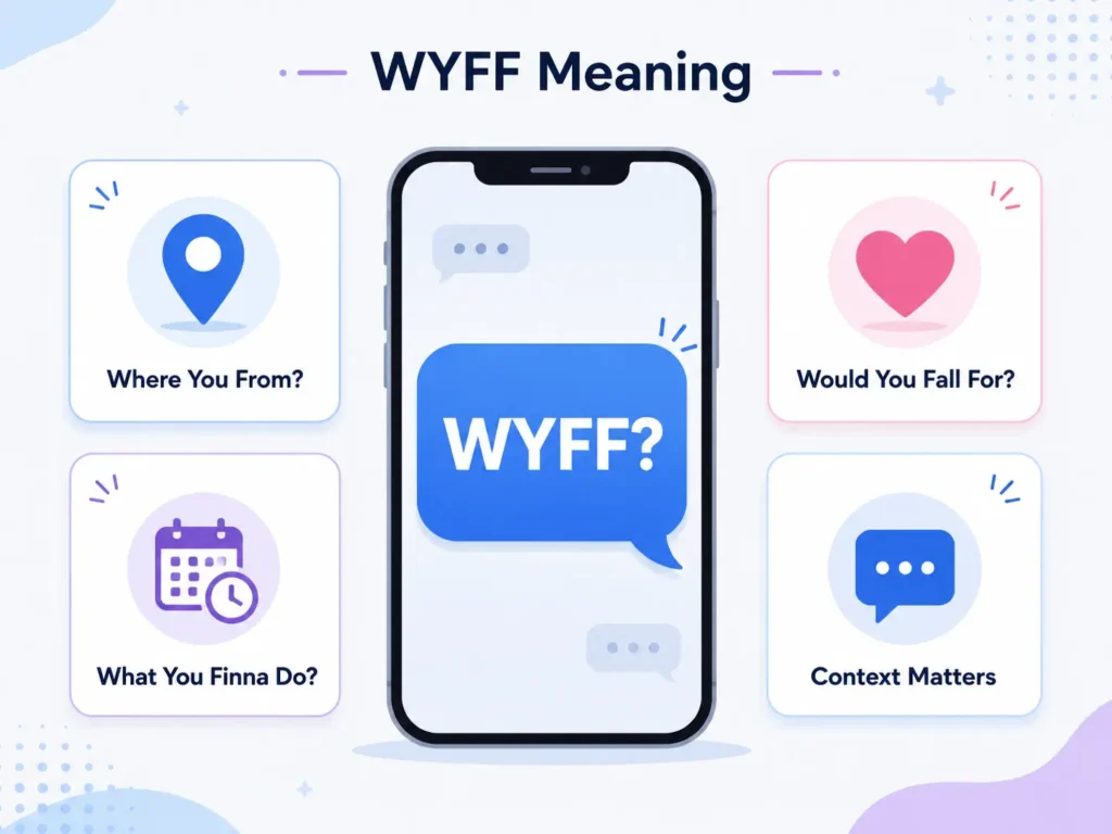 WYFF meaning infographic showing a smartphone with location, romance, future plans, and context icons explaining different meanings of WYFF.