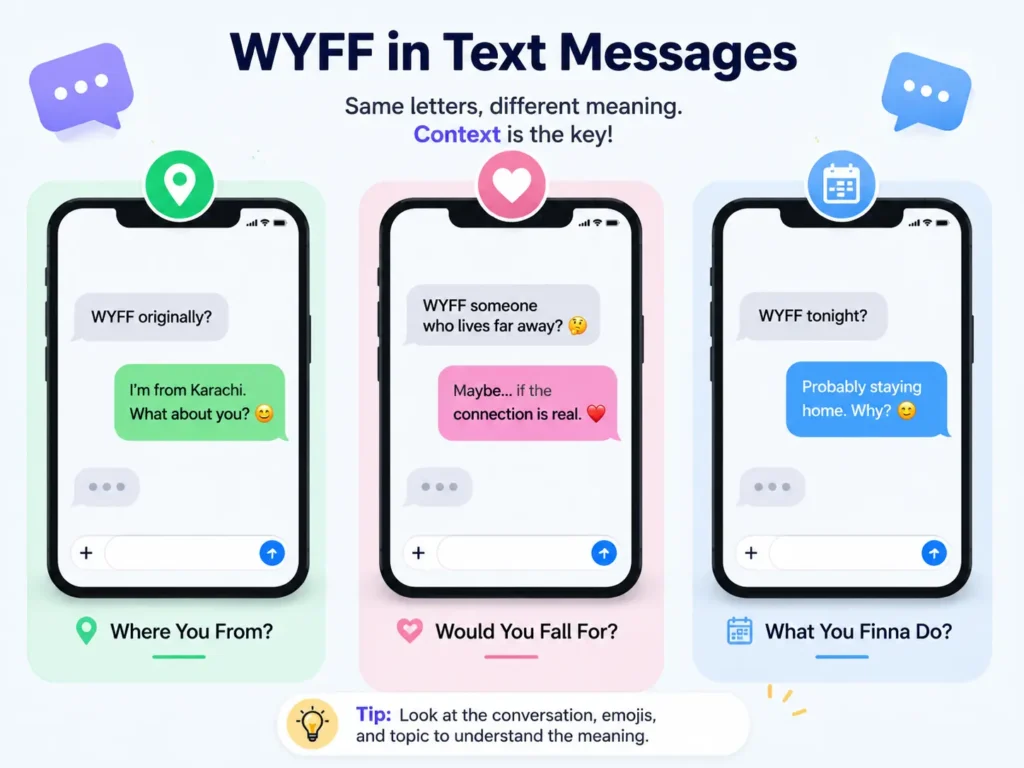 WYFF in text messages infographic showing three chat examples for “Where You From,” “Would You Fall For,” and “What You Finna Do.”