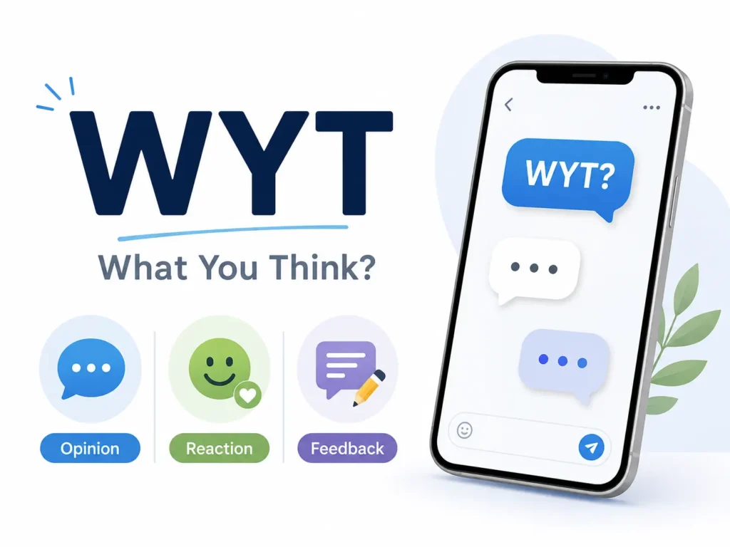 WYT meaning infographic showing “WYT” as “What You Think?” with icons for opinion, reaction, and feedback, plus a smartphone chat bubble asking “WYT?”
