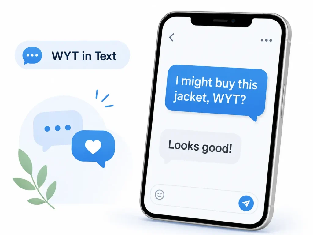 WYT in Text infographic showing a smartphone chat example with the message “I might buy this jacket, WYT?” and the reply “Looks good!” alongside simple chat icons.