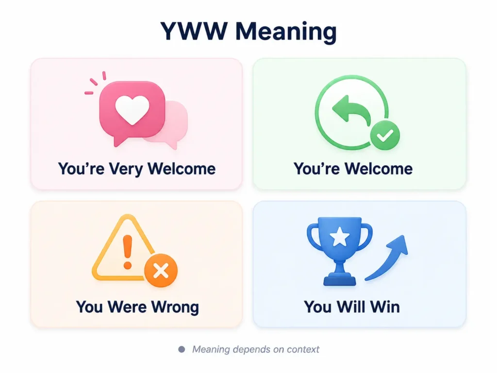 YWW Meaning infographic showing four possible meanings: “You’re Very Welcome,” “You’re Welcome,” “You Were Wrong,” and “You Will Win,” with simple icons and a note that meaning depends on context.